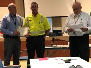 2019 Commendation of Safety Awareness: TCSSI commends Jeremy Robinson from Mosaic for discovering a small ammonia leak from a vessel's refrigeration system while docked at Berth 202. The leak was secured without injury to anyone. Award presented by Co-Chair, David Nelson (L) and Co-Chair, Dennis Martin (R).